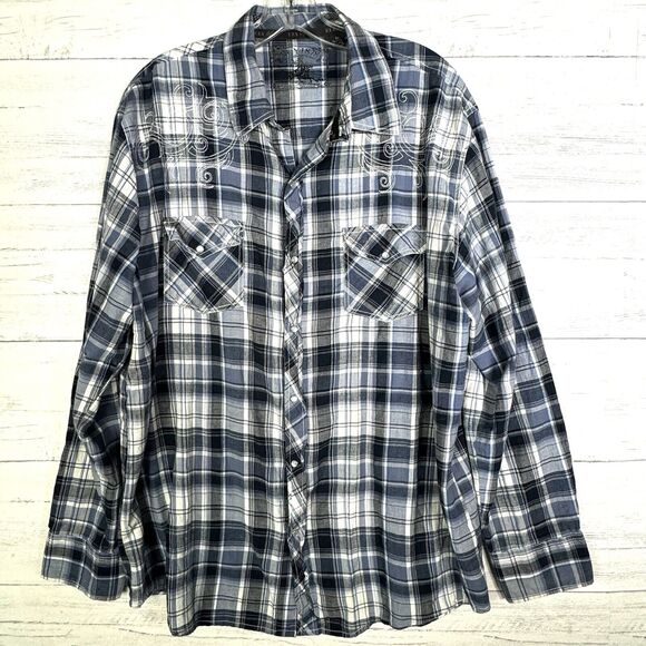 Ely 1878 Embroidered Pearl Snap Western Shirt Blue White Plaid - Picture 1 of 7